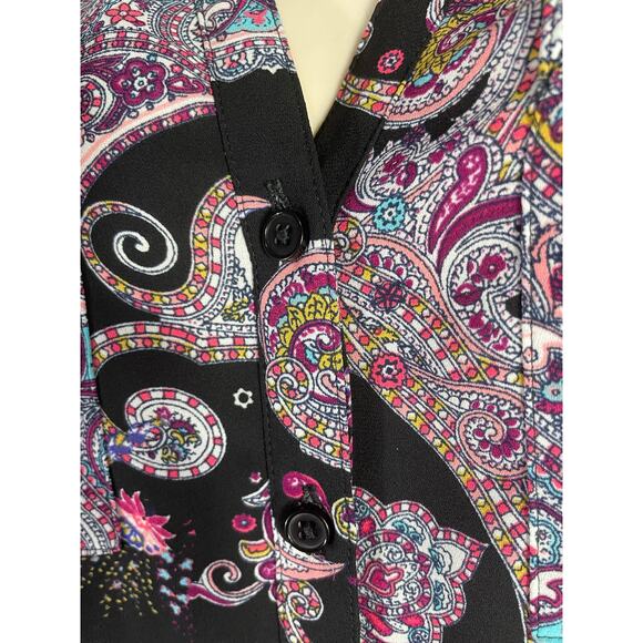 Express Women’s Paisley Button Down Shirt XS Black Multicolor Boho Blouse - Picture 10 of 10